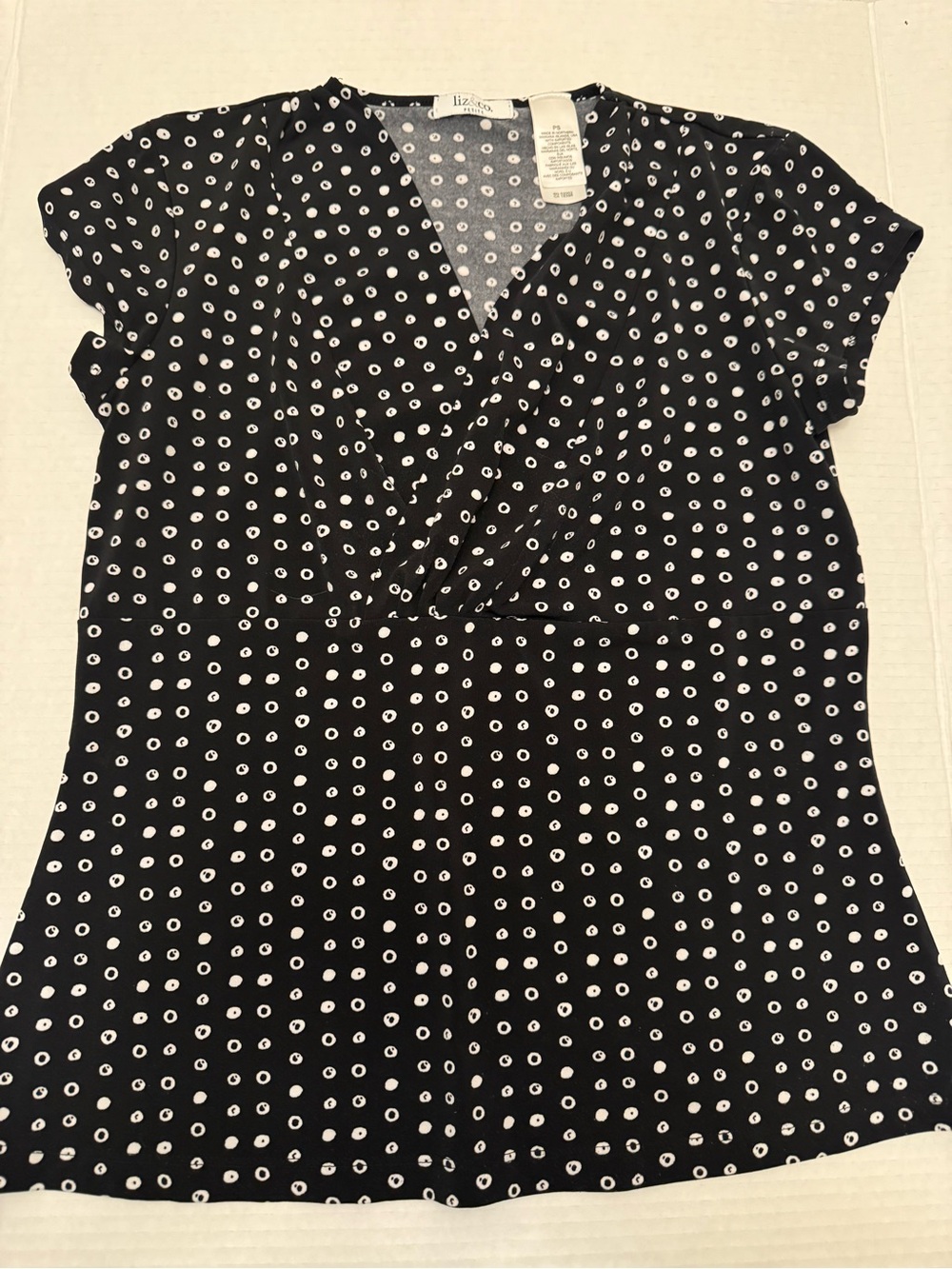 liz & co. Black Short Sleeve Polka Dot Surplice Top